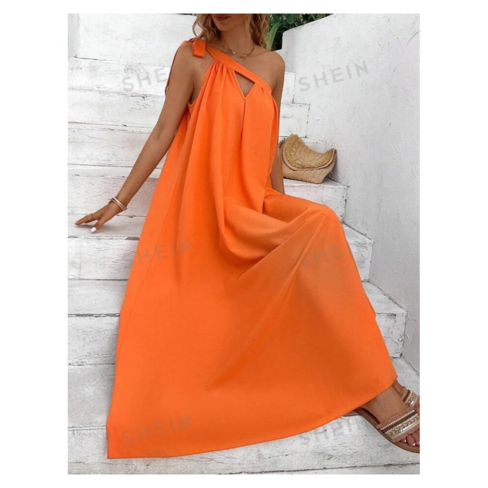 One Shoulder Maxi Sundress Mandarin Orange XL NIB - Picture 6 of 9